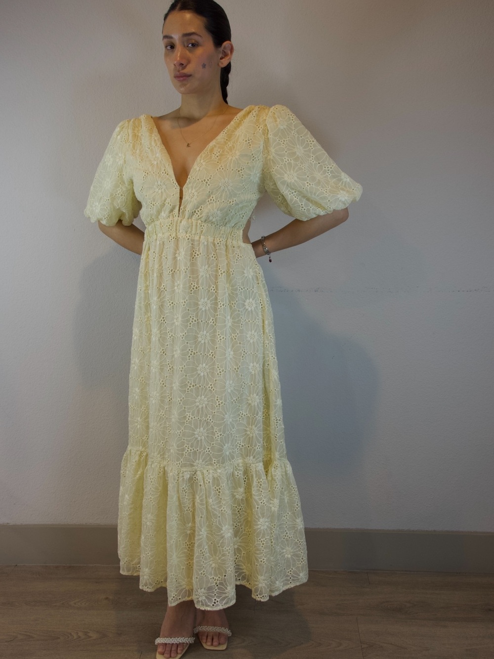 ASTR the Label Jaxine Yellow Eyelet Puff Sleeve Cutout Maxi Dress, Size L